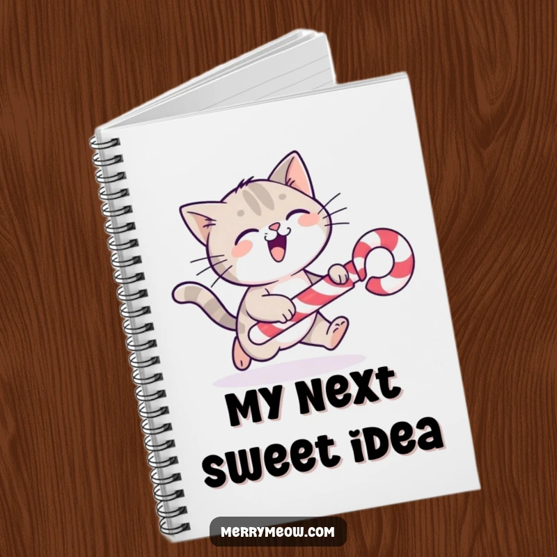 Funny cat character gleefully chasing a rolling candy cane, featured on the cover of a lined notebook.