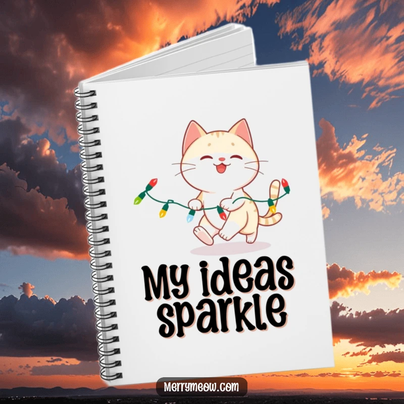 Funny cat chasing Christmas lights on a notebook cover, ideal for jotting down festive thoughts.