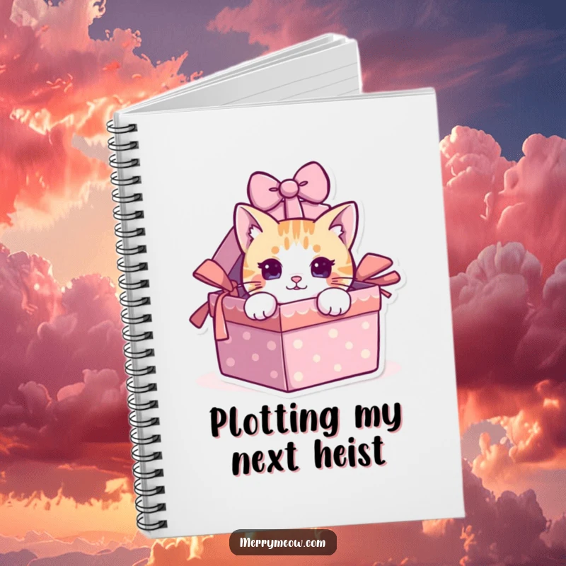Funny cat peeking from a gift box on a notebook cover, perfect for writing humorously.