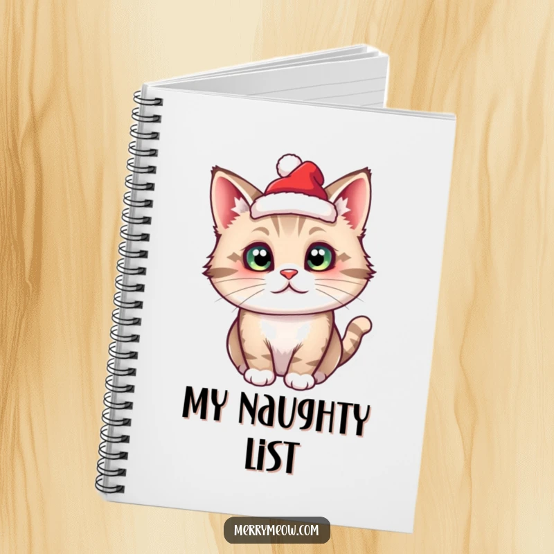 Funny cat character wearing a tiny Santa hat, featured on the cover of a festive notebook.