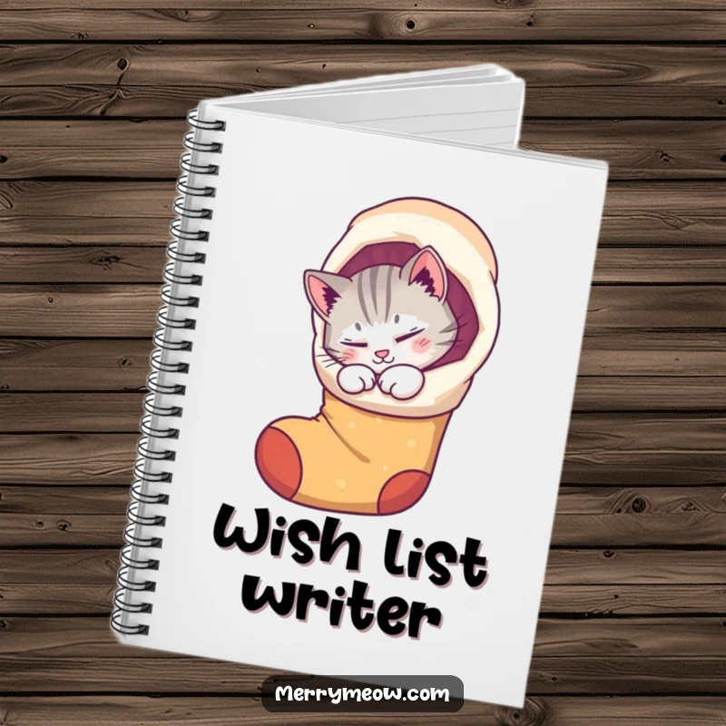 Funny notebook with a purring cat curled up inside a whimsical stocking, perfect for jotting down holiday thoughts with cozy humor.