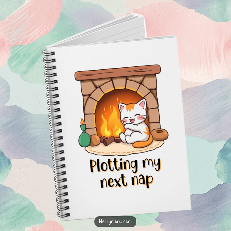 Funny notebook cover with a joyful cat character resting by a warm fireplace, designed for jotting down notes and ideas with humor.