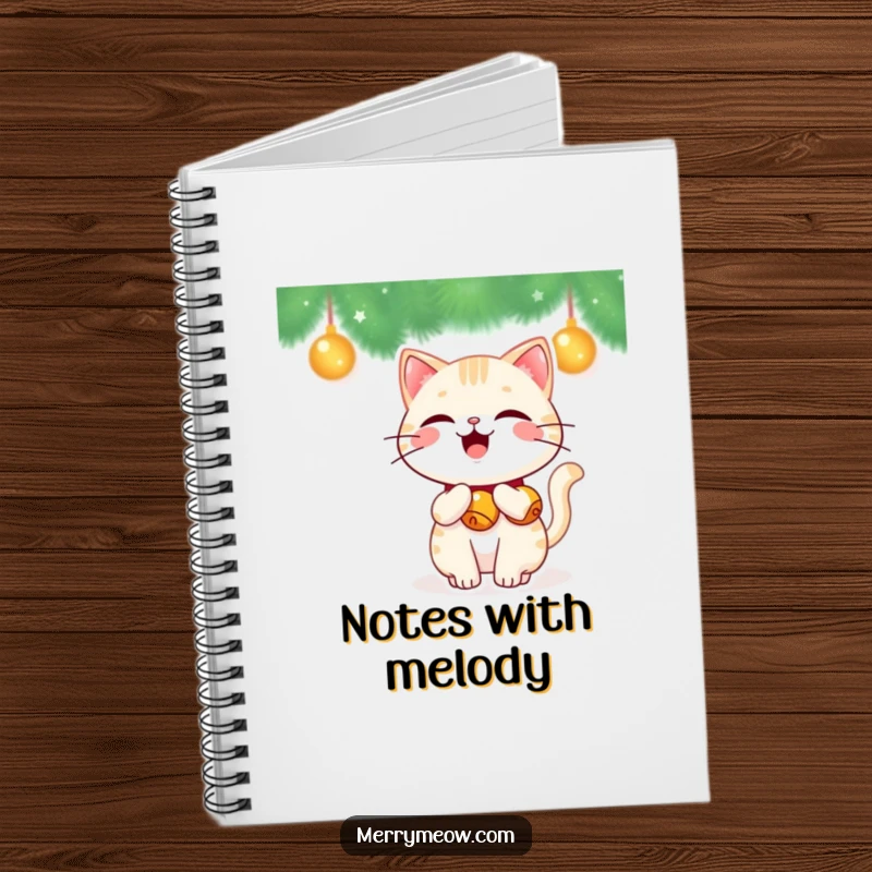 Funny Kawaii Cat Notebook with a cute cat with jingle bells on its tail, wagging happily, ideal for notes.