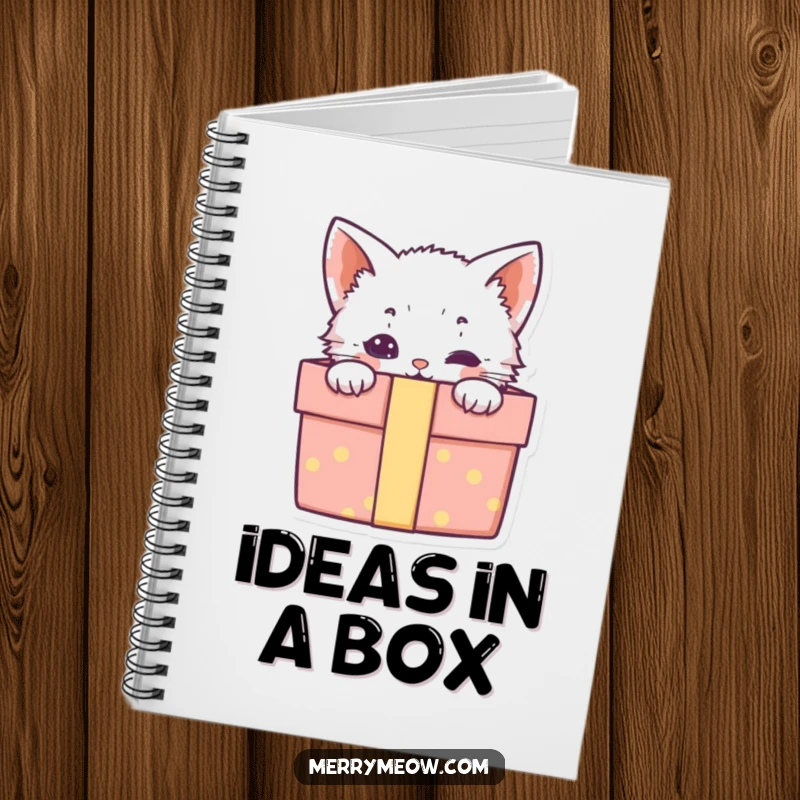 Funny notebook with a cute kitten peeking out of a gift box, ideal for capturing creative and surprising ideas.