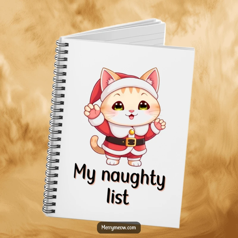 Funny notebook with a cat character in a Santa suit, giving a cheerful wave, ideal for jotting down holiday notes.