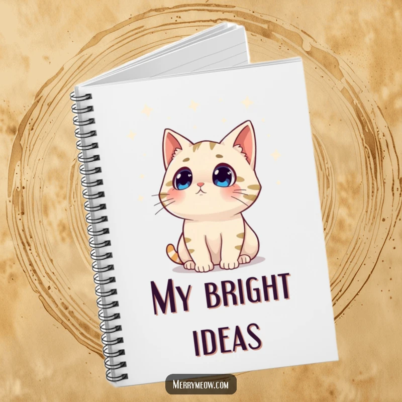 Funny notebook cover with a surprised cat character looking up at twinkling lights, perfect for jotting down holiday ideas.