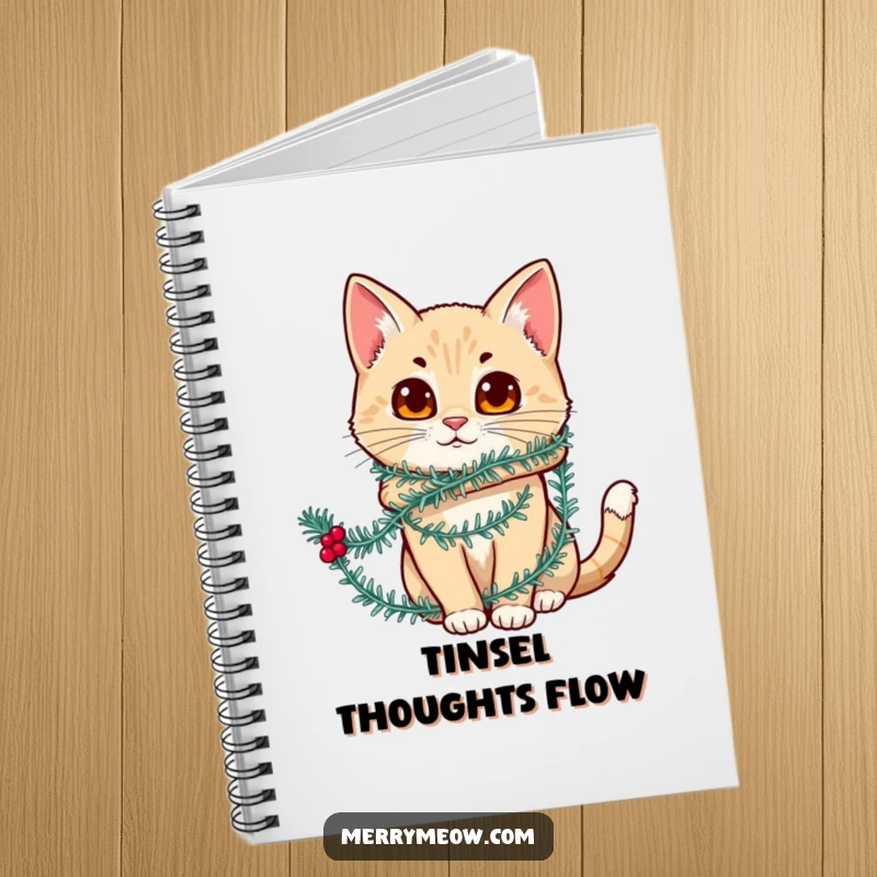 Funny notebook cover featuring a cat character comically wrapped in festive tinsel, ideal for jotting down notes with holiday humor.