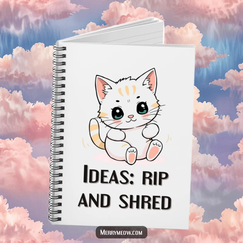 Funny notebook cover featuring a cat character blissfully rolling and playing within a chaotic explosion of colorful wrapping paper, inspiring creativity.