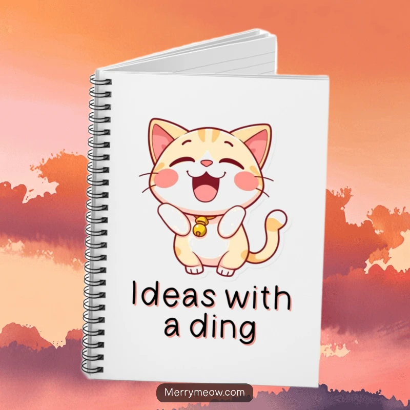 Funny Notebook: An excited cat with a bell on its tail, encouraging joyful writing and playful ideas.