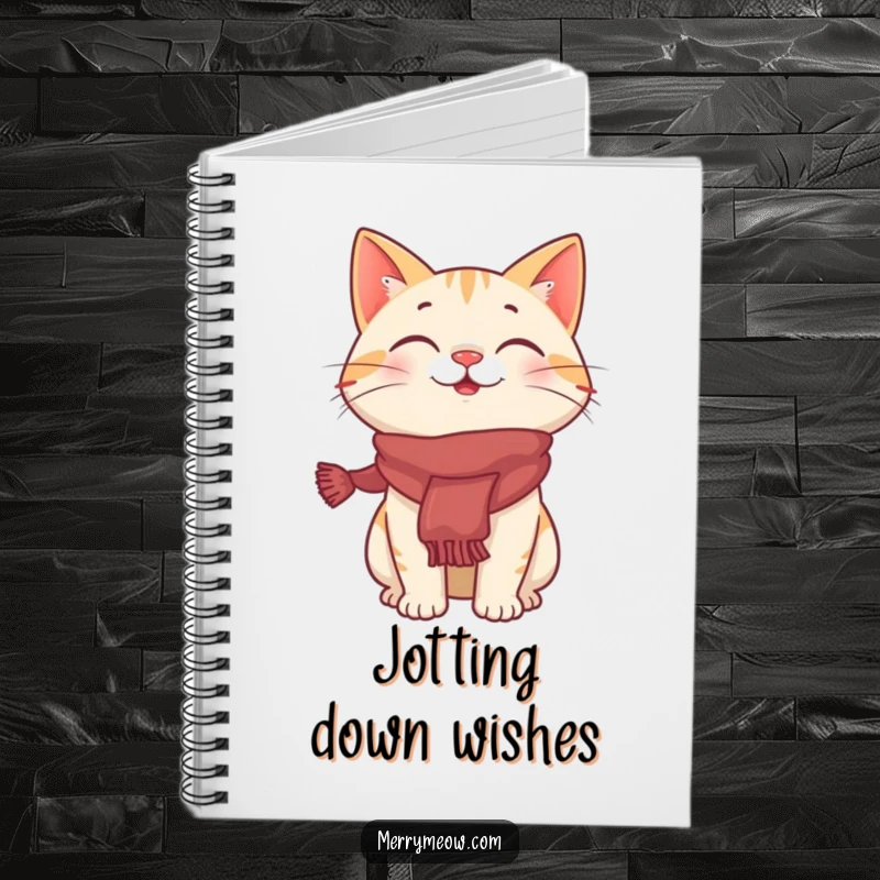Funny notebook cover with a giggling cat character wearing a festive scarf, perfect for jotting down holiday ideas and notes.