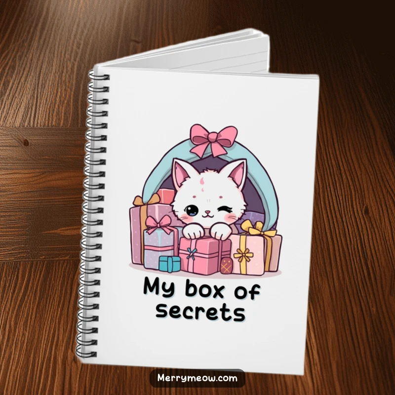 Funny present cat notebook featuring a sneaky cat peeking from under a pile of gifts, perfect for secret notes.
