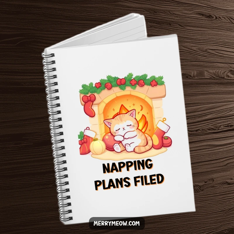 Funny sleepy cat dozing by a fireplace with stockings, featured on the cover of a lined notebook.