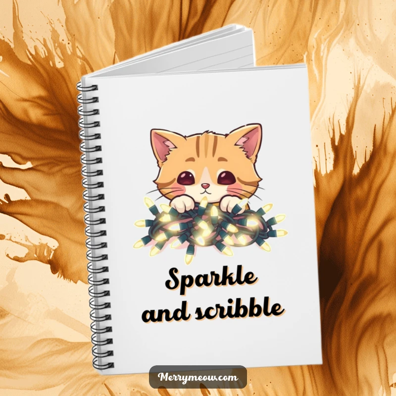 Funny notebook with a cat peeking over bright Christmas lights, perfect for jotting down holiday notes and plans.