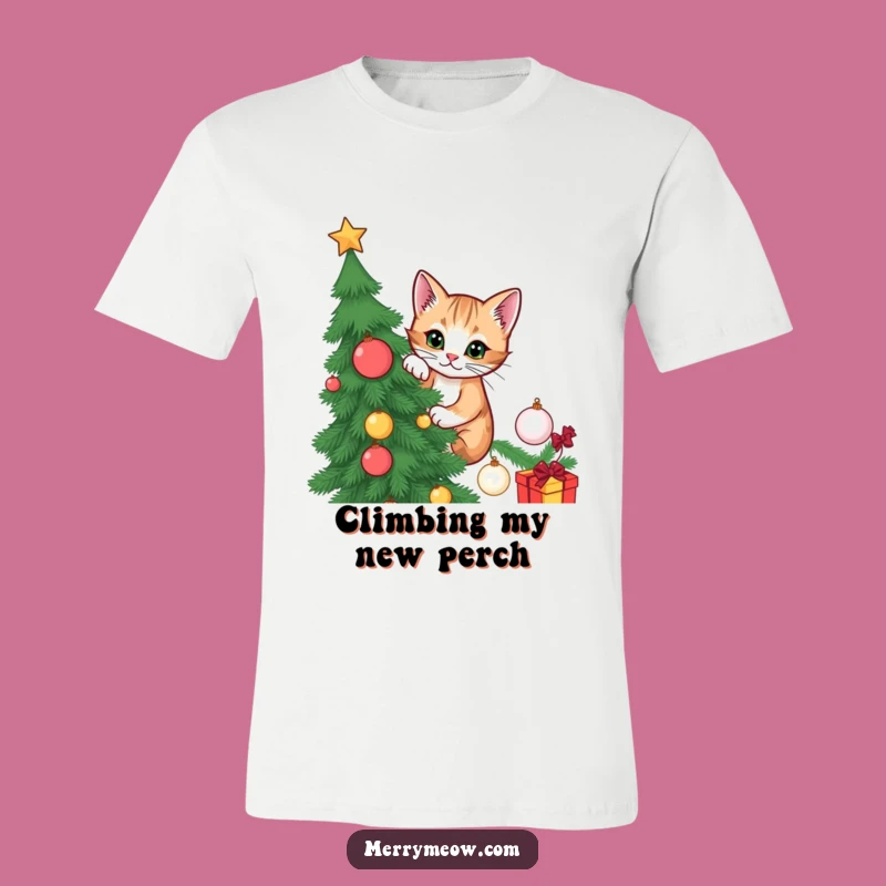 Funny Cat Christmas Tree T-Shirt: Mischievous climber design, a festive and funny gift for cat lovers.