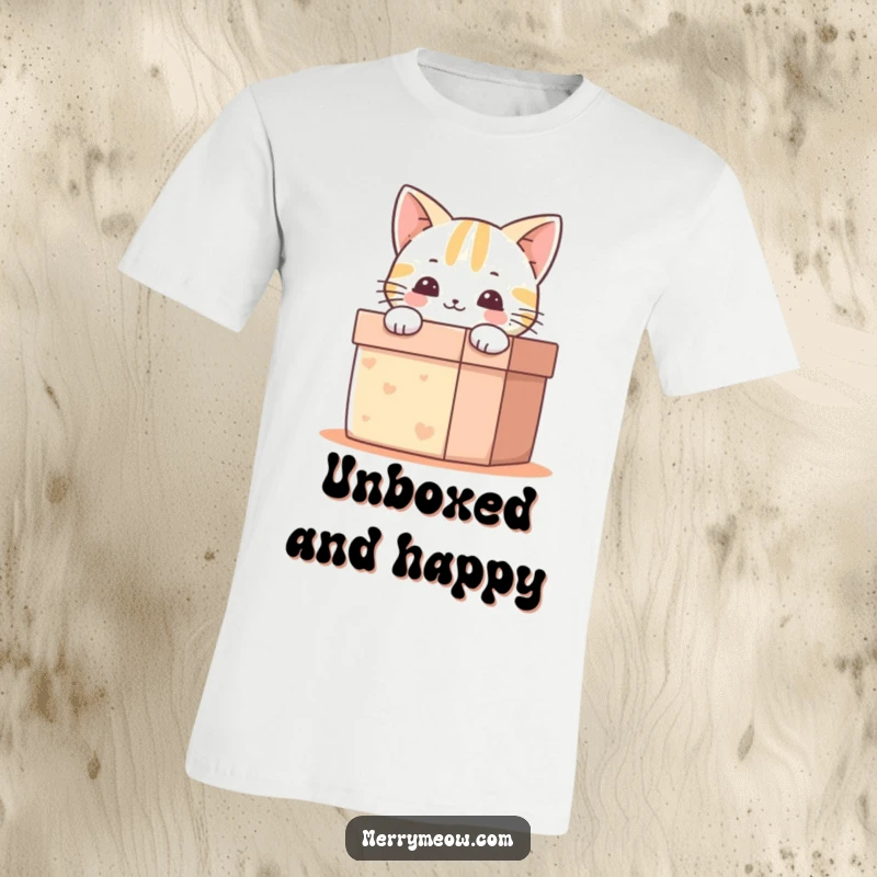 Funny T-Shirt: A joyful cat’s face emerges from a colorful gift box, symbolizing surprise and happiness.