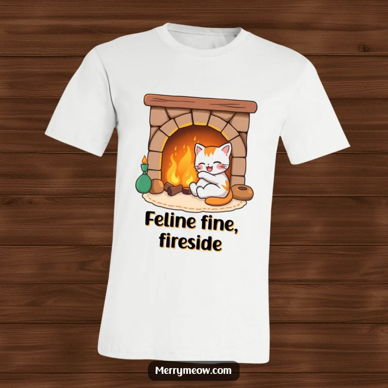 Funny t-shirt print of a content, joyful cat character lounging by a warm, inviting fireplace, exuding ultimate relaxation and comfort.