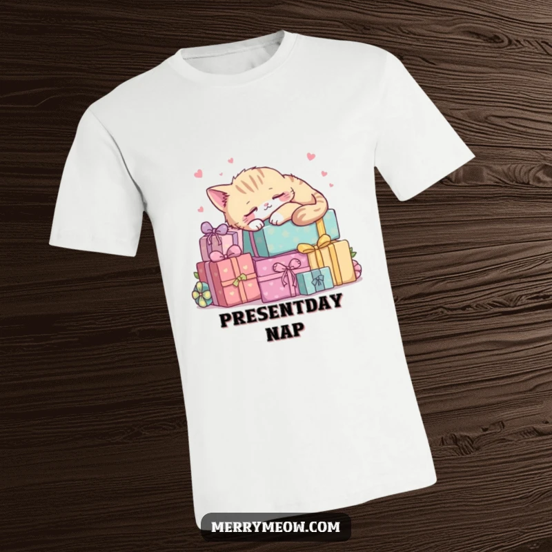 Funny kawaii cat in a deep sleep on a heap of gift boxes, conveying utter relaxation and joy.