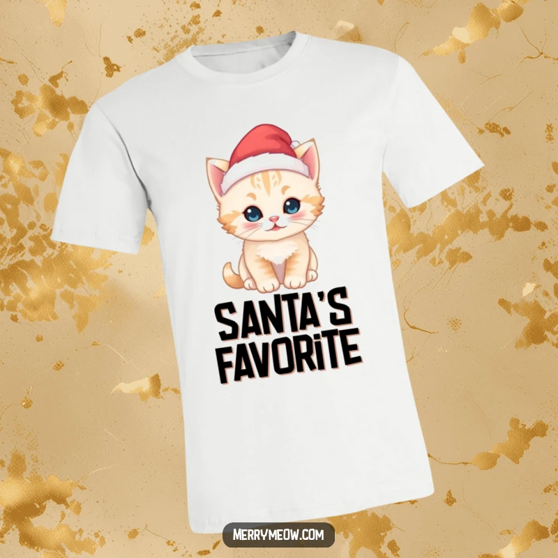 Funny kawaii kitten t-shirt, sporting a tiny Santa hat with a playful, festive look, ideal for holiday greetings.