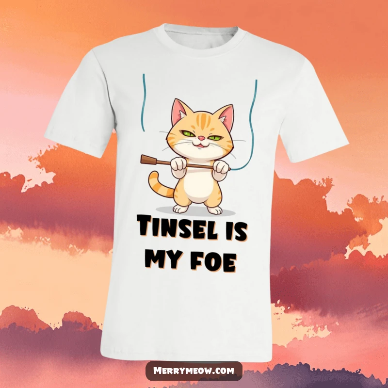 Funny T-Shirt: A mischievous cat is captured batting at sparkly tinsel, ready for holiday chaos.