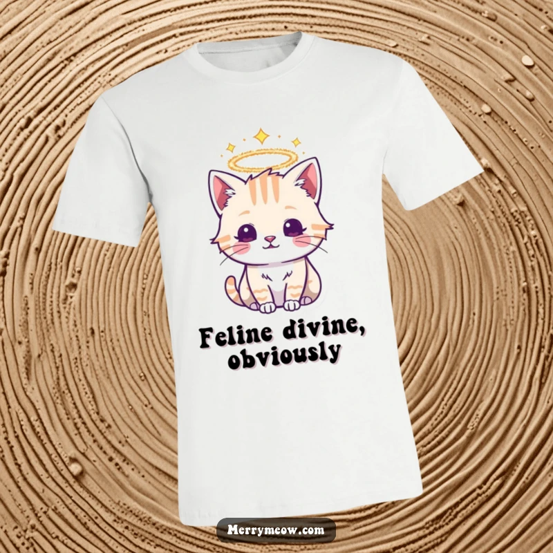 Funny t-shirt graphic of a saintly cat adorned with a bright tinsel halo, radiating festive and angelic vibes.