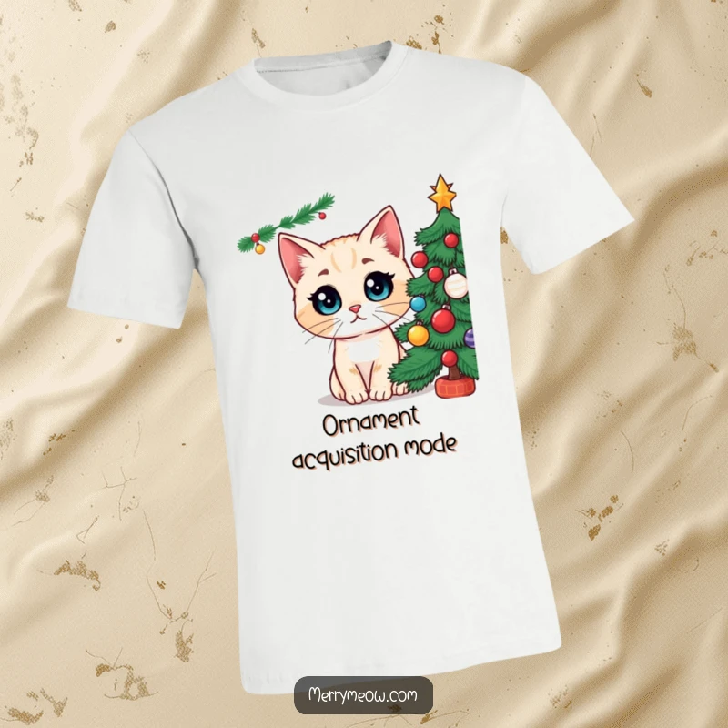 Funny t-shirt with a cat character's eyes comically enlarged, fixated on a beautifully lit and decorated Christmas tree, embodying holiday awe.