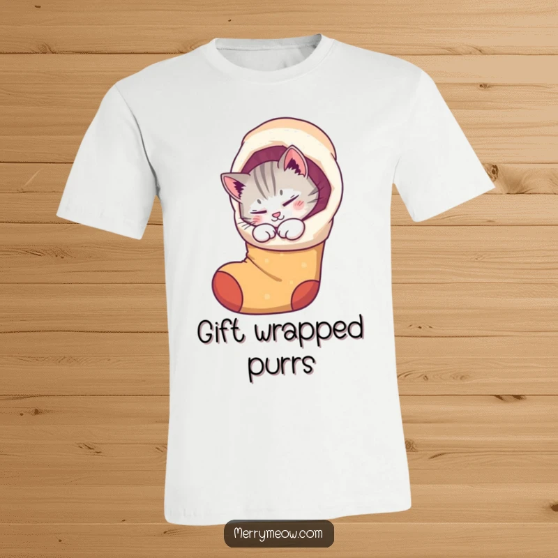 Funny T-shirt showing a purring cat curled up inside a whimsical stocking, embodying cozy holiday contentment and cuteness.