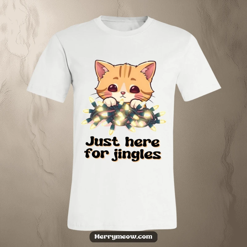 Funny t-shirt with a cat peeking over a heap of bright, glowing Christmas lights, perfect for the holidays.