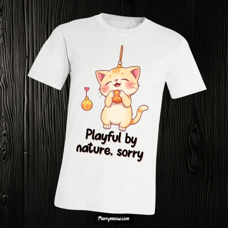 Funny t-shirt graphic of an energetic cat batting at a shiny hanging ornament, embodying playful holiday destruction.