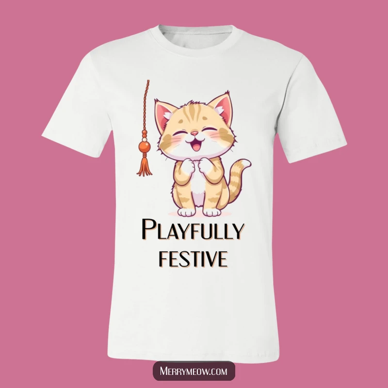 Funny Kitten Tinsel T-Shirt - Playful Cat Batting Holiday Apparel for Laughs