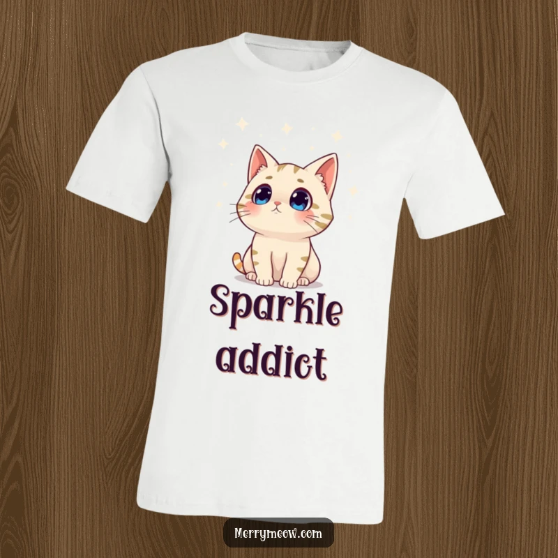 Funny t-shirt print of a surprised cat character gazing upwards with wonder at a cascade of bright, twinkling holiday lights.