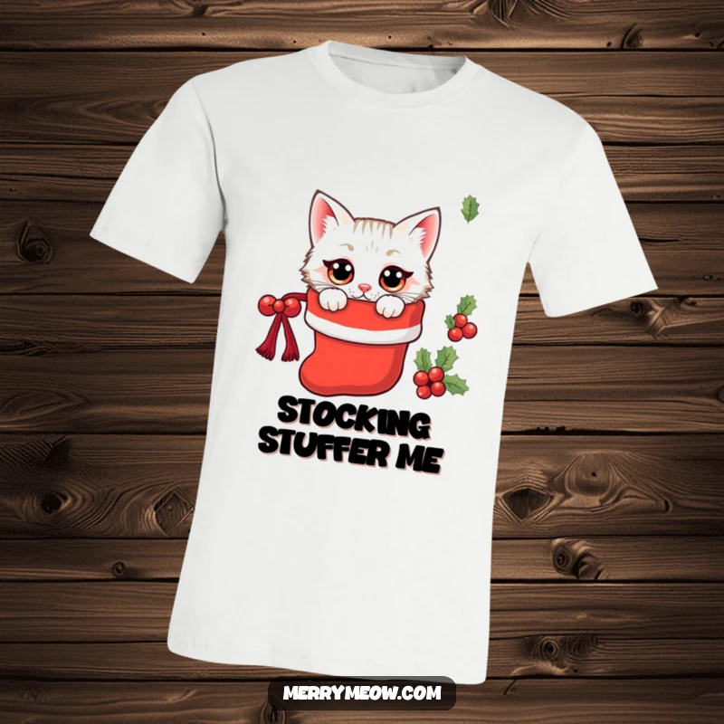 Funny kawaii cat with wide, curious eyes peeking from inside a Christmas stocking, capturing festive wonder.