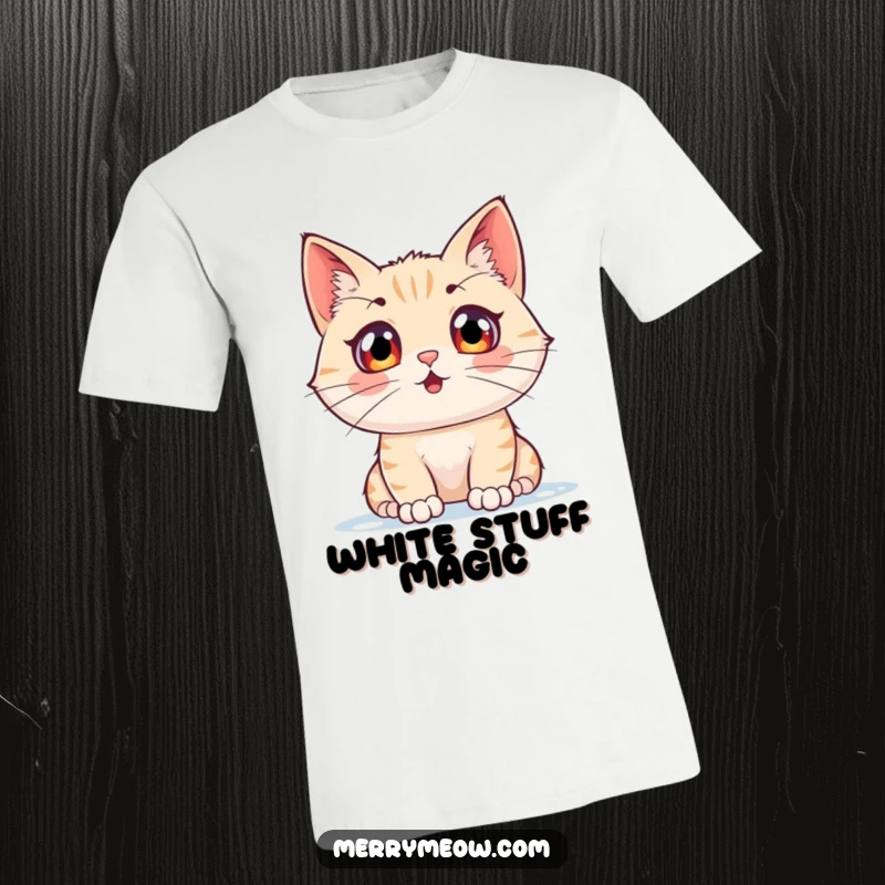 Funny t-shirt depicting a cat character with wide, exhilarated eyes watching snowflakes fall, embodying winter excitement.