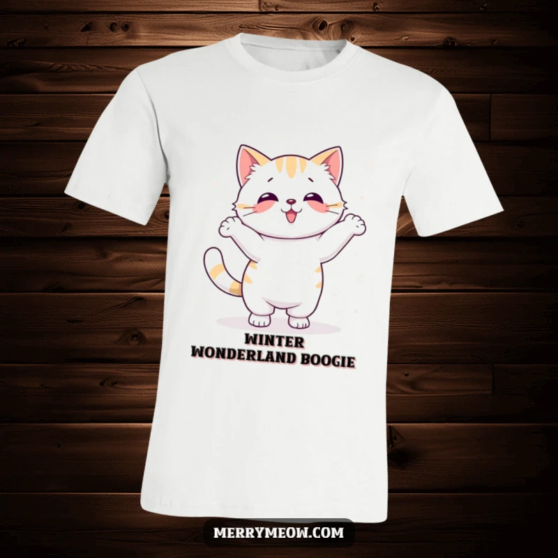 Funny Kawaii Cat T-Shirt depicting a cute cat doing a silly dance surrounded by falling snowflakes, full of winter cheer.