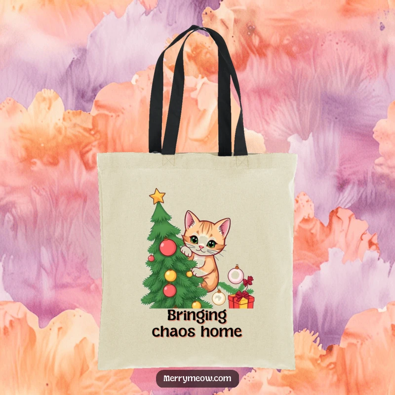 Funny tote bag featuring a mischievous cat climbing a Christmas tree, perfect for holiday shopping and everyday use with humor.