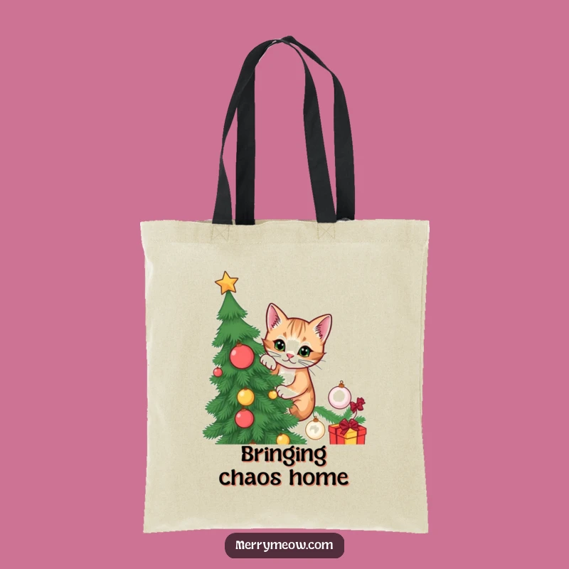 Funny Cat Christmas Tree Tote Bag: Carry your holiday spirit with this mischievous climber, a funny gift.