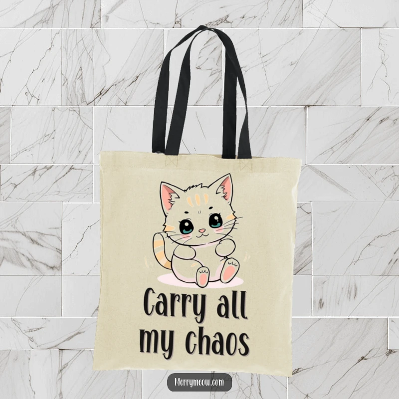 Funny tote bag with a humorous illustration of a cat joyfully tumbling within a blizzard of shredded wrapping paper, showcasing pure bliss.