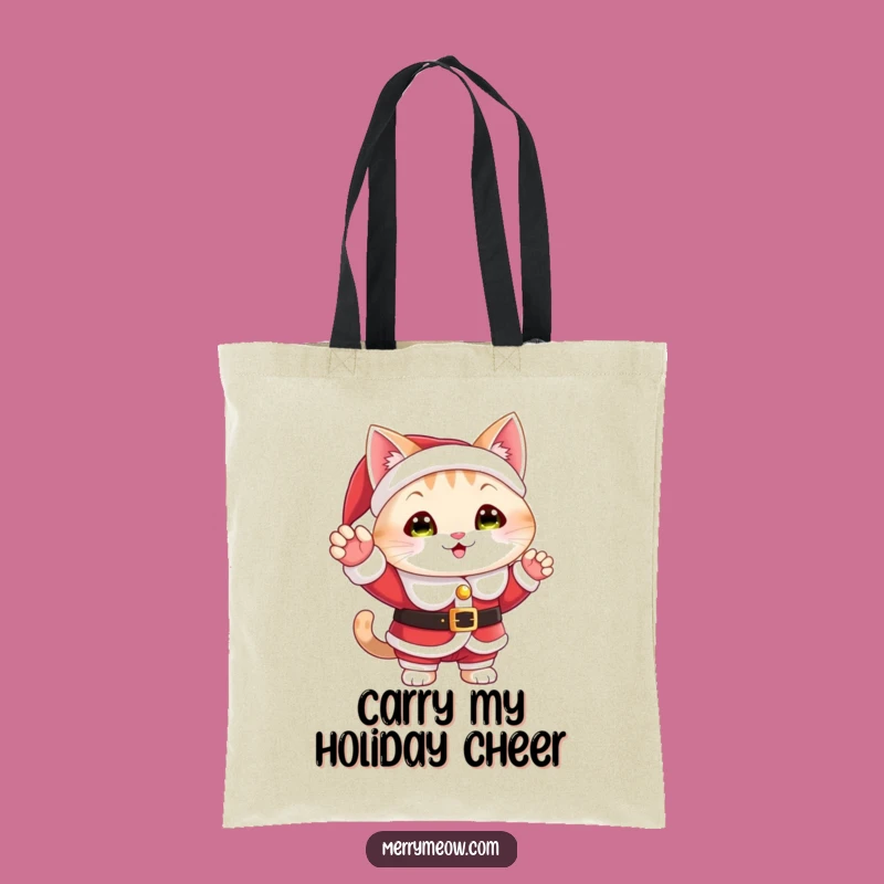 Funny Santa Cat Tote Bag: Cheerful Wave Eco-Friendly Shopping Bag Gift