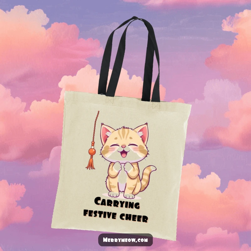 Funny kitten tote bag, gleefully batting at dangling tinsel, perfect for carrying holiday essentials with a touch of playful mischief.