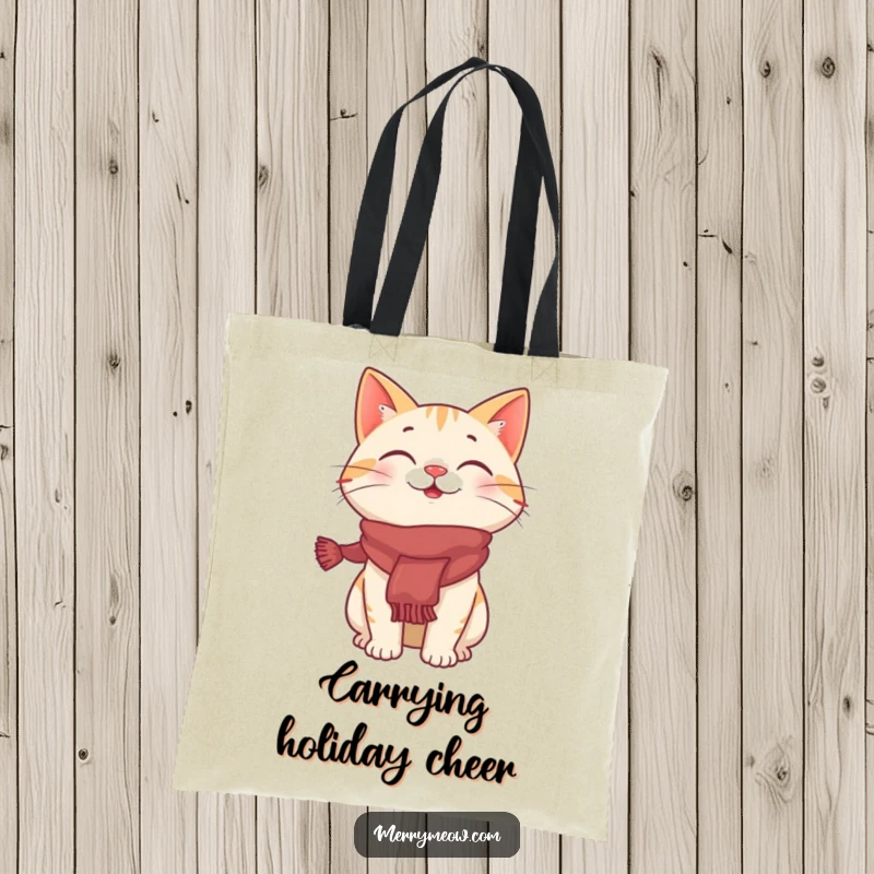 Funny tote bag graphic of a giggling cat character sporting a festive scarf, ideal for holiday shopping and everyday use.