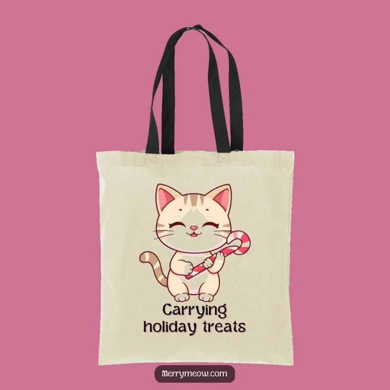 Funny Cheery Cat Candy Cane Tote Bag: Carry Your Holiday Cheer, A Hilarious Gift!