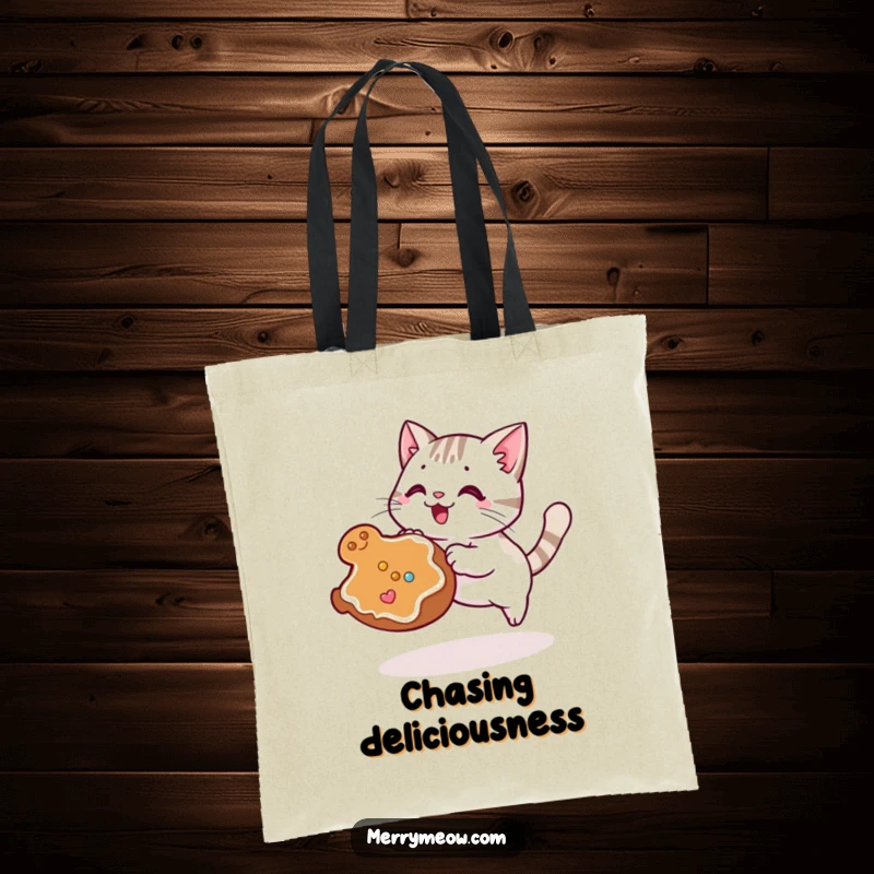 Funny Kawaii Cat Tote Bag showing a cute cat excitedly pouncing towards a gingerbread cookie that's rolling away, comedic pursuit.