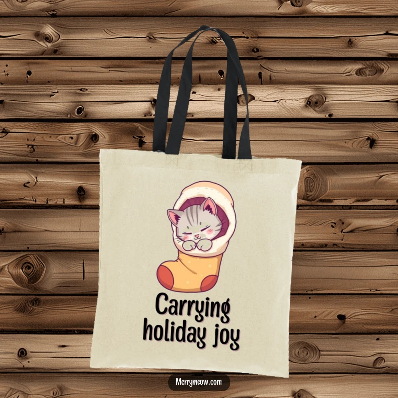 Funny tote bag depicting a purring cat nestled inside a whimsical stocking, perfect for holiday shopping with cute flair.