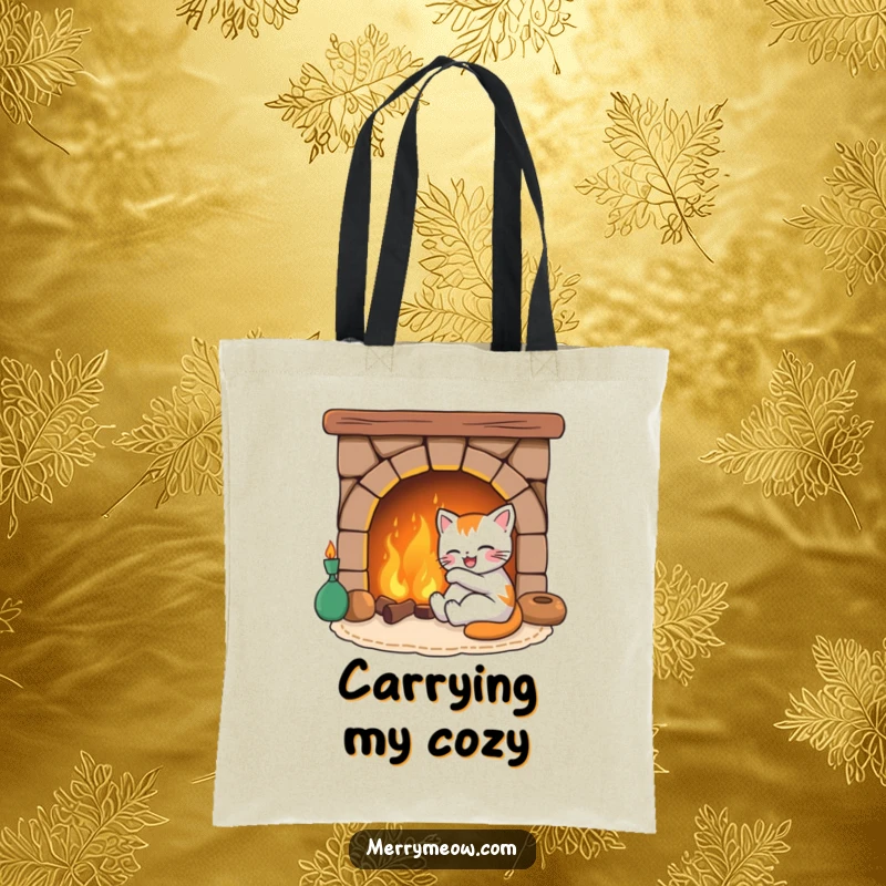 Funny tote bag with a joyful cat character relaxing by a cozy fireplace, perfect for carrying daily items with a smile.