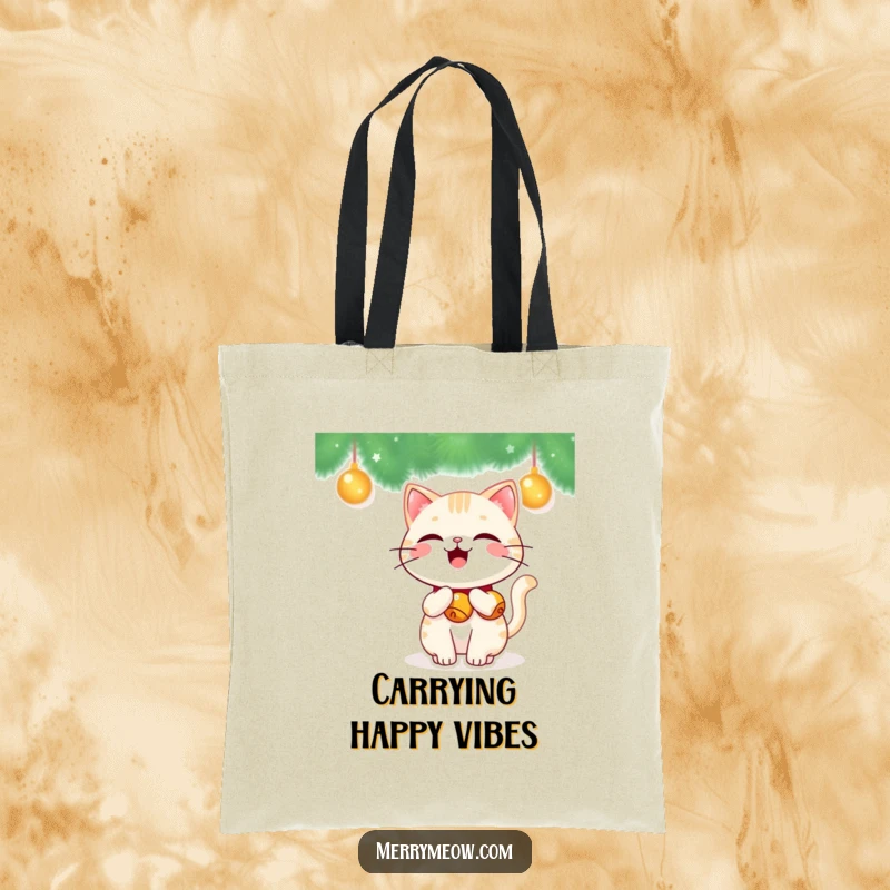 Funny Kawaii Cat Tote Bag showing a cute cat with jingle bells on its tail, wagging happily, perfect for shopping.