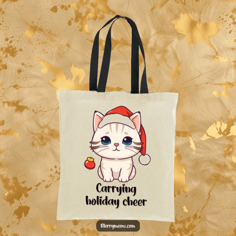 Funny kawaii cat sporting a Santa hat and jingle bells, a festive and amusing tote for holiday needs.