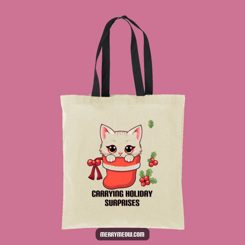 Funny Kawaii Stocking Cat Tote Bag: Holiday Surprise Carryall Gift