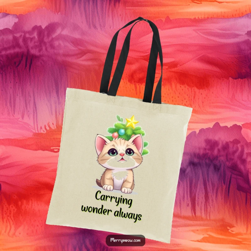 Funny tote bag showing a kitten looking up with adoration at a twinkling Christmas tree star, perfect for festive shopping.