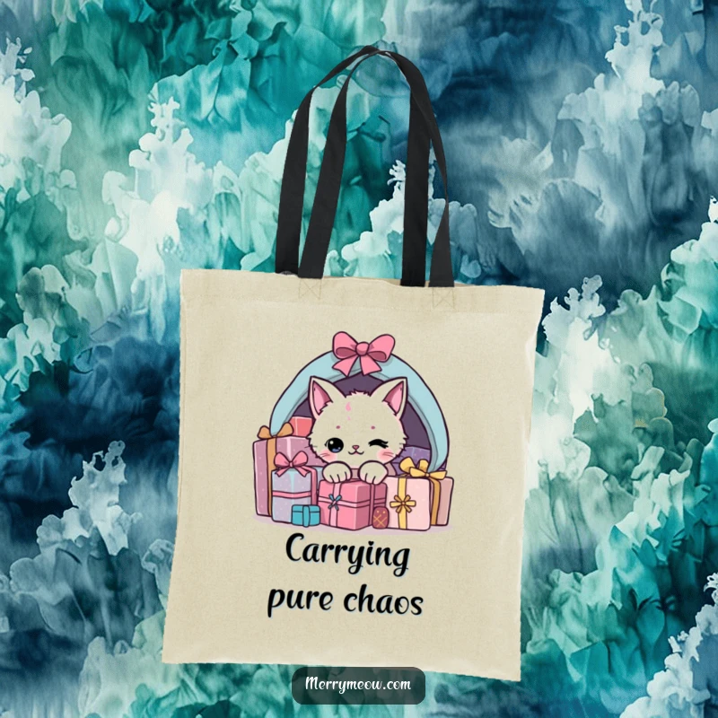 Funny present cat tote bag showing a sneaky cat emerging from a pile of gift boxes, ready for holiday adventures.
