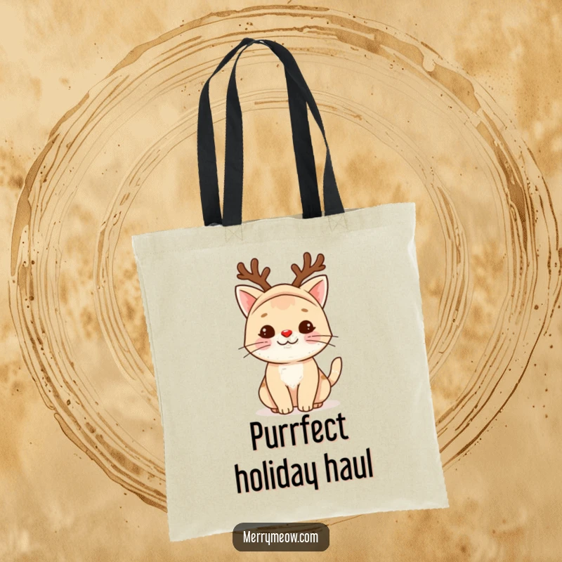 Funny reindeer cat tote bag depicting a cute cat in a charming reindeer costume, complete with a signature red nose.