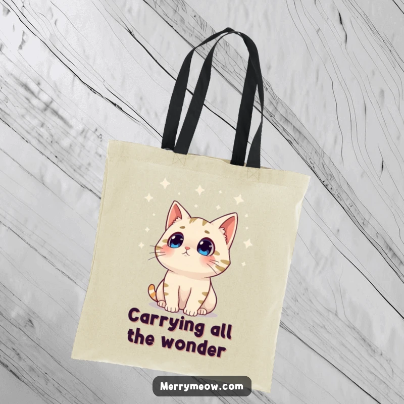 Funny tote bag graphic of a surprised cat character gazing at twinkling lights, perfect for holiday shopping and showcasing wonder.